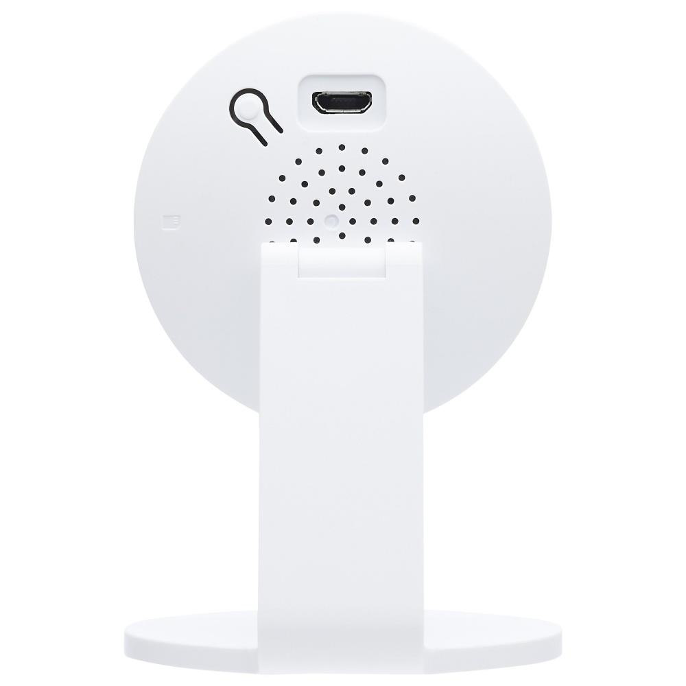 Wall-and-Ceiling Mountable Indoor Camera With Voice Assistant Compatibility and Subscription-Free Local Video Storage