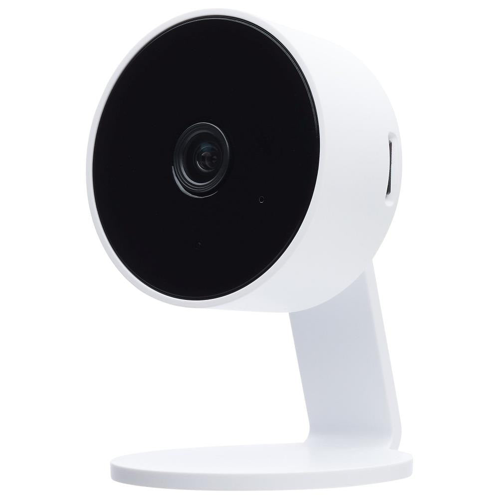 Wall-and-Ceiling Mountable Indoor Camera With Voice Assistant Compatibility and Subscription-Free Local Video Storage