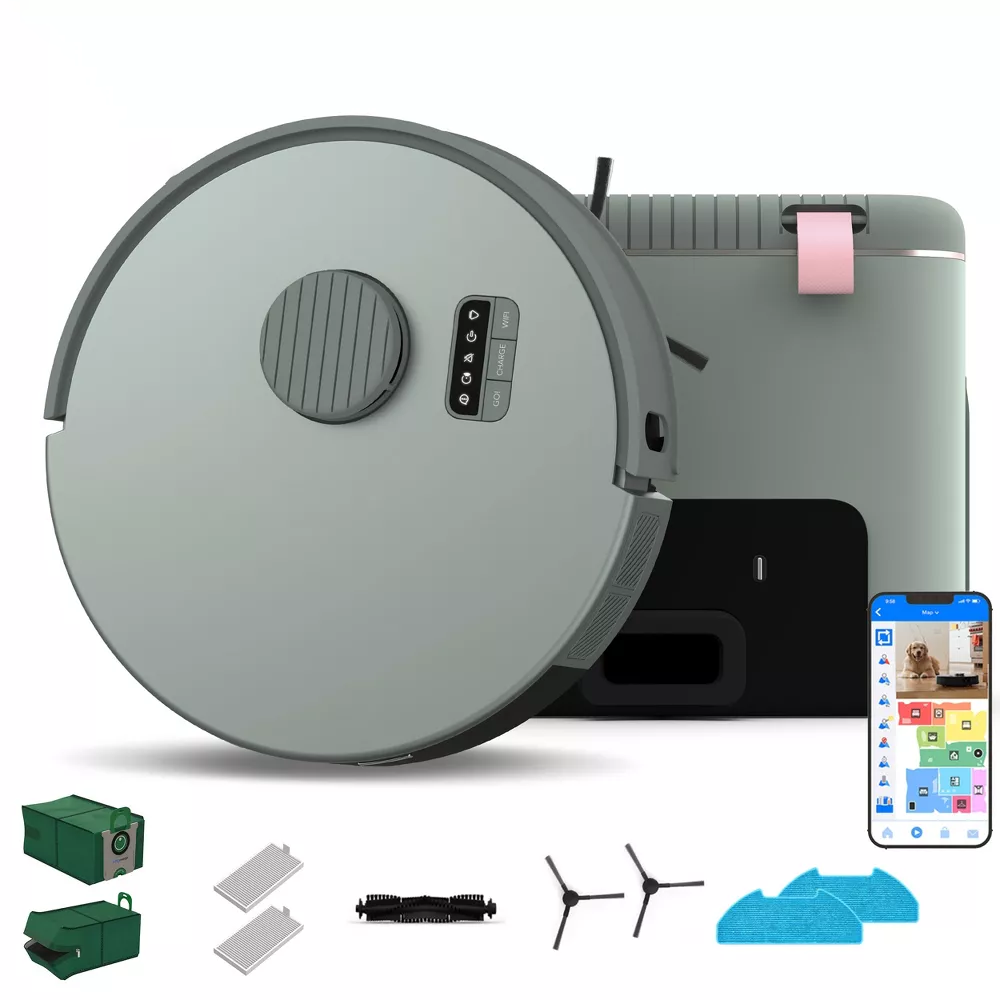 Eco-Friendly Bio-Plastic Robot Vacuum Featuring Tunable Auto-Empty Function and Multi-Grade Suction Mopping Presets